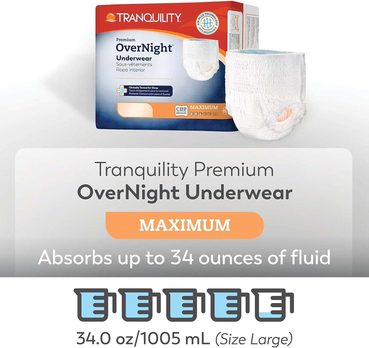 Tranquility Premium OverNight Disposable Absorbent Underwear (16 Count) - L, 44-54 in. Waist - Maximum Absorbency, All-Night Sleep, Breathable Comfort, 16 Adult Diapers
