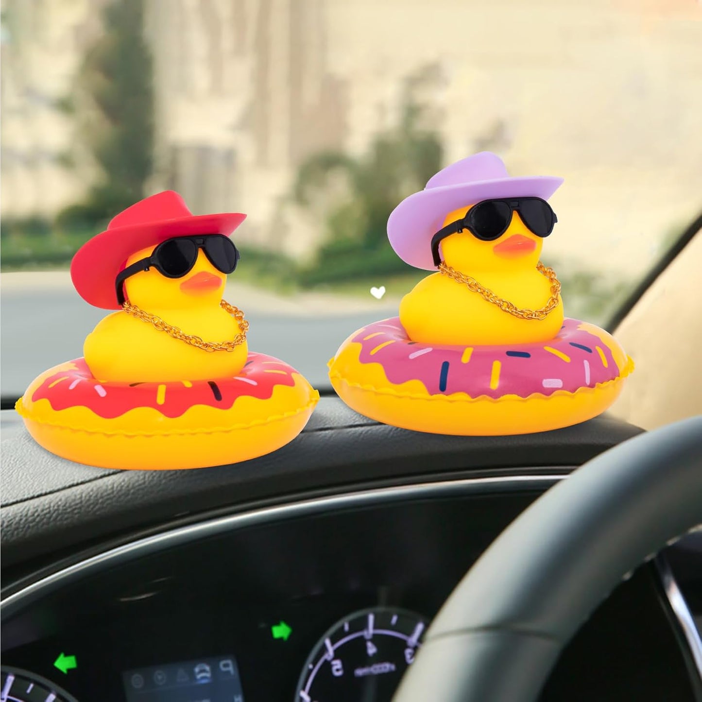 wonuu Car Rubber Duck, Yellow Duck Decoration Dashboard with Sun Hat Swim Ring Necklace Sunglasses for Car Dashboard Decorations, Red Cowboy Hat-Red Donut