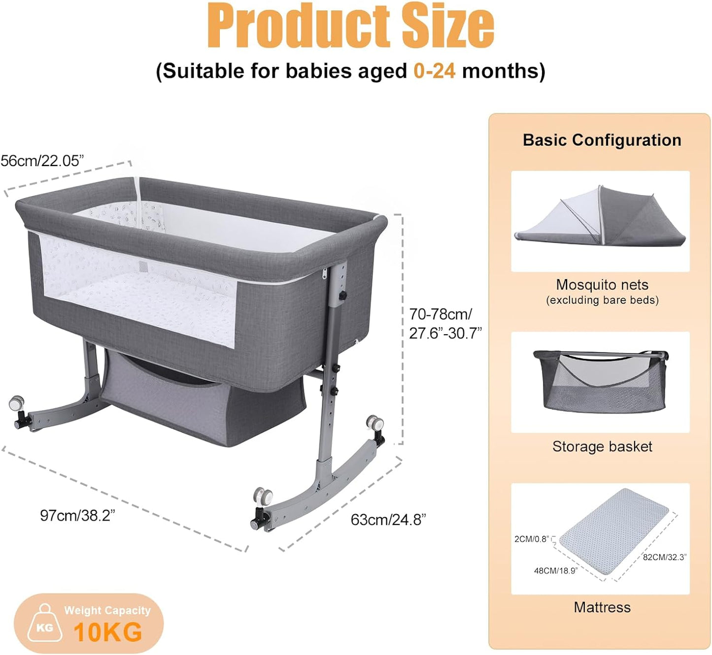 3 in 1 Baby Bassinet | Bedside Sleeper with Storage Basket and Wheels | Bedside Crib for Baby | Height Adjustable Bedside Bassinet Movable Beside Bassinet with Mosquito Net (Grey)