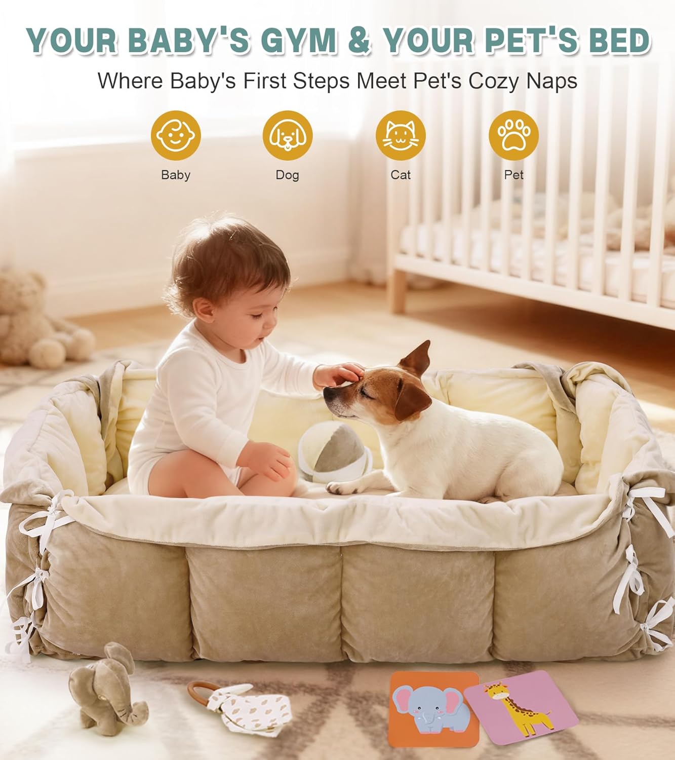 5-in-1 Baby Play Gym and Tummy Time Mat, Tummy Time Pillow & 12 Learning Cards, Plush Activity Mat with 6 Toys, Baby Gym, Convertible to Ball Pit & Pet Bed, Baby Gift, Cream