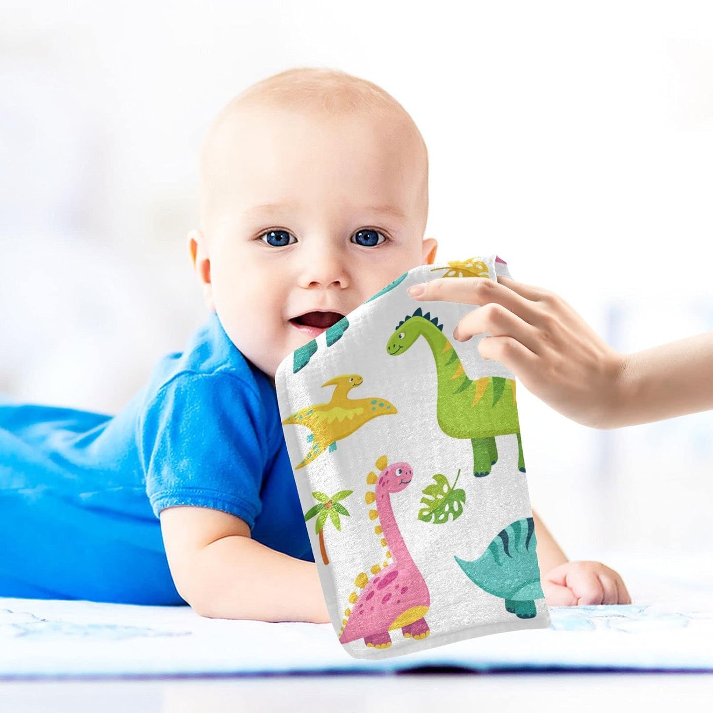 Cartoon Dinosaur Baby Muslin Washcloths Cute Burp Cloths Soft Absorbent Baby Wash Cloth Fingertip Face Towels for Newborn Boys Girls 12 x 12 in, 3 Pack
