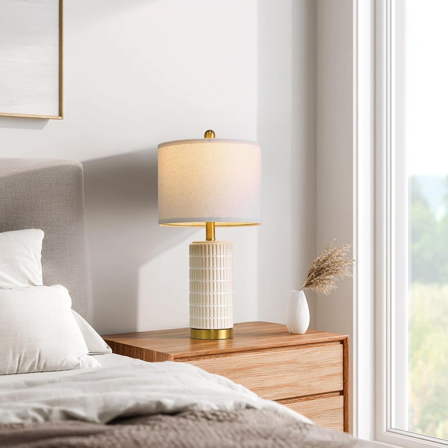PoKat Small Bedside Table Lamps with USB Ports for Bedroom, 21.5'' White Nightstand Lamps for Night Stands, Modern Ceramic Bedroom Lamps for Living Room End Table, White and Beige