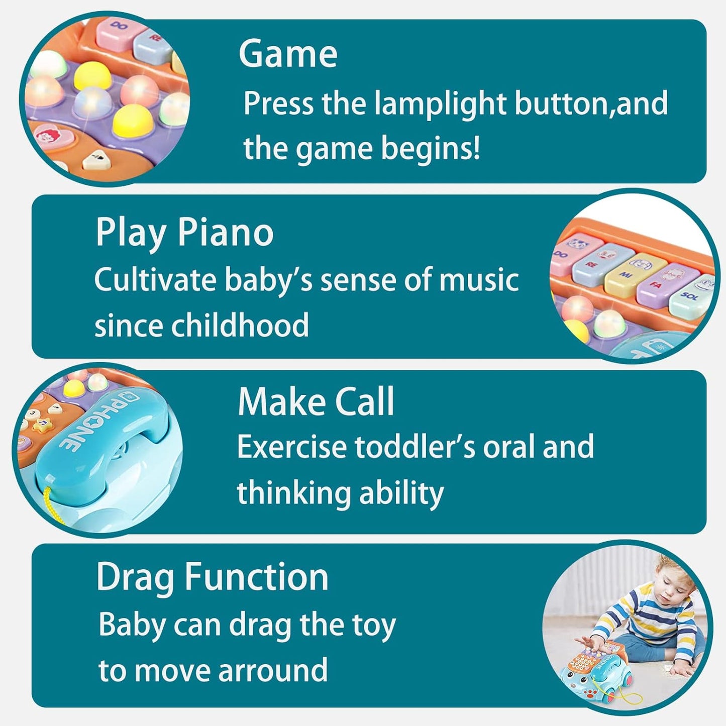 Baby Toy Phone Cartoon Baby Piano Music Light Toy Children Pretend PhoneToy Gift Game Boy Girl Early Education Gift Blue (18 M+)