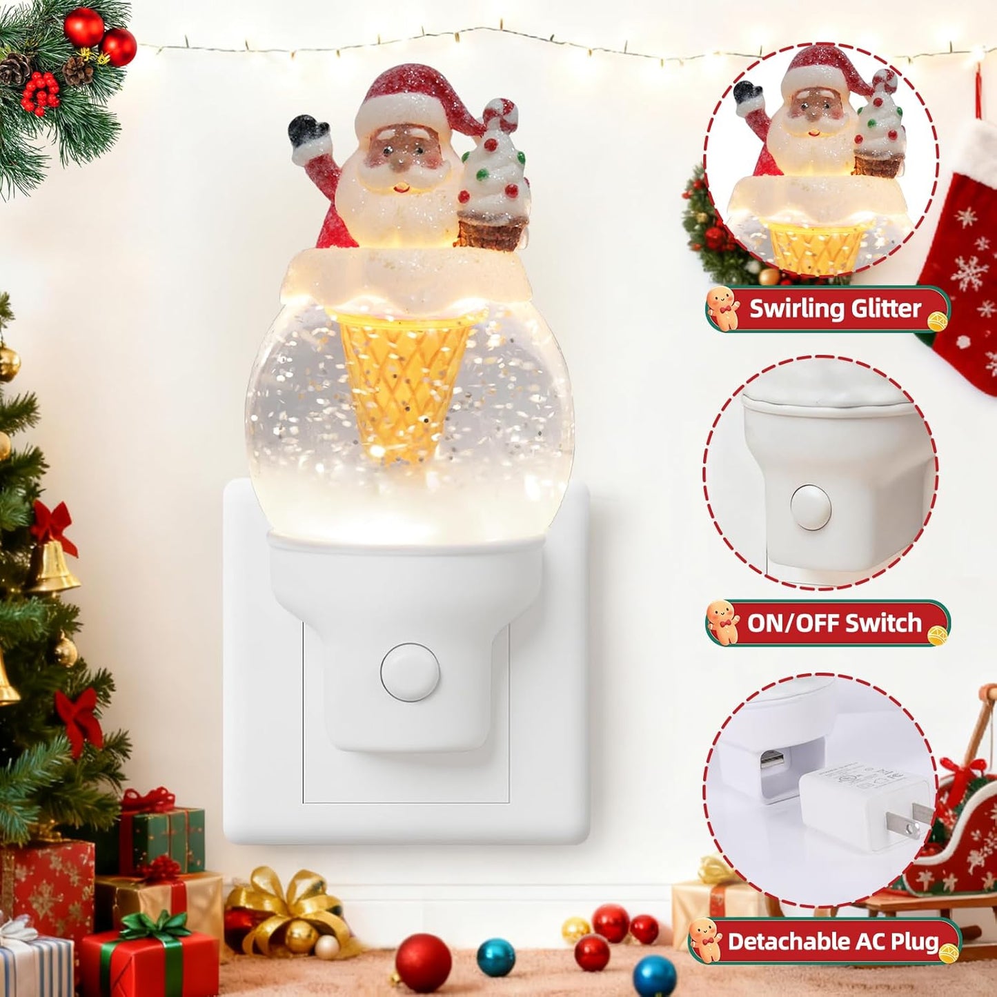 Christmas Night Light Plug into Wall Swirling Glitter USB Portable Christmas Decorative Night Light Decoration for Kids Adults Bedroom Kitchen Living Room Holiday Decor (Santa Cookie Cones)