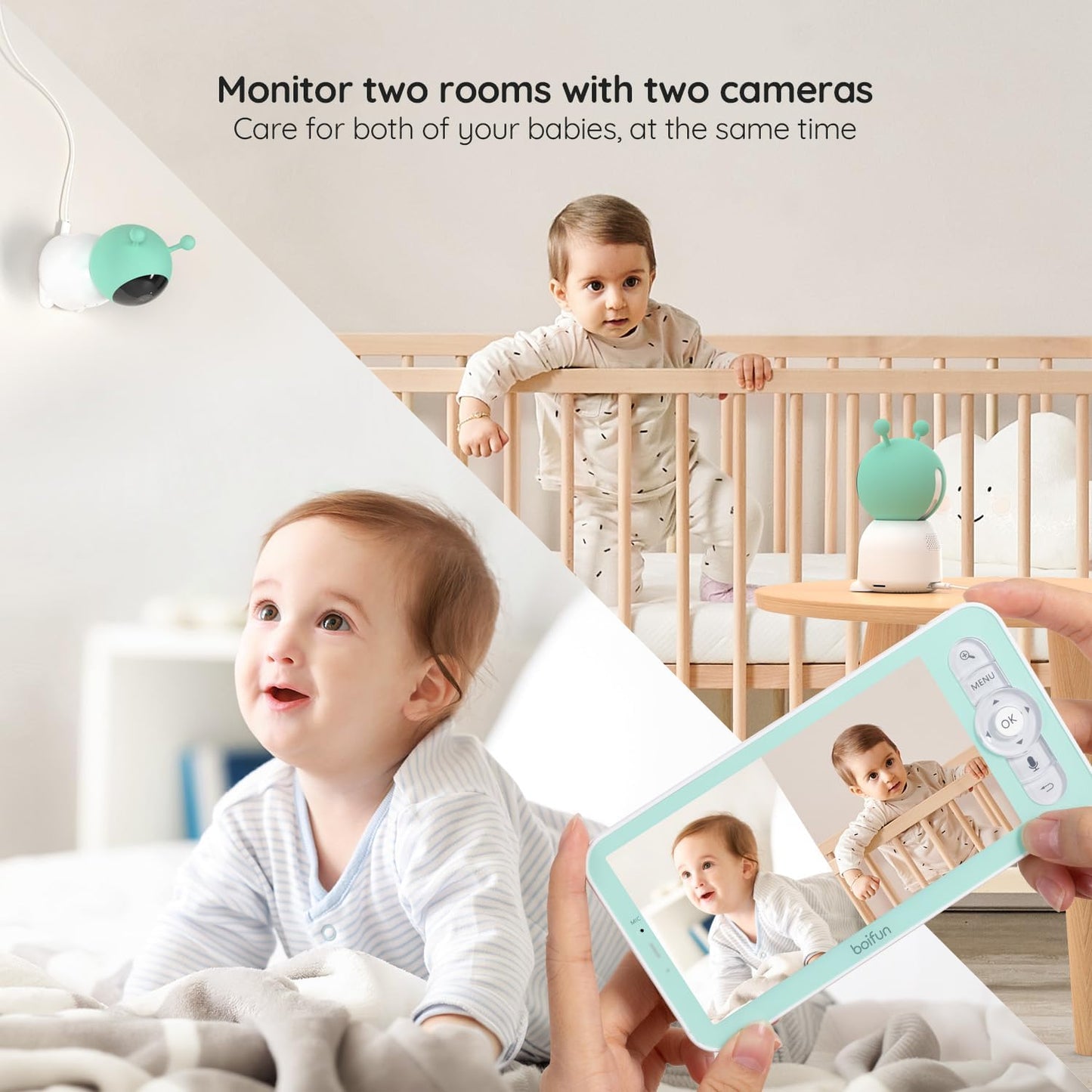 BOIFUN 2K Split-Screen 5 Inch Wi-Fi Baby Monitor With 2 Cameras, Colorful Night Light, AI Motion & Sound & Humidity & Temp Detection, Auto Tracking Via Smartphone App And Monitor Control, Night Vision