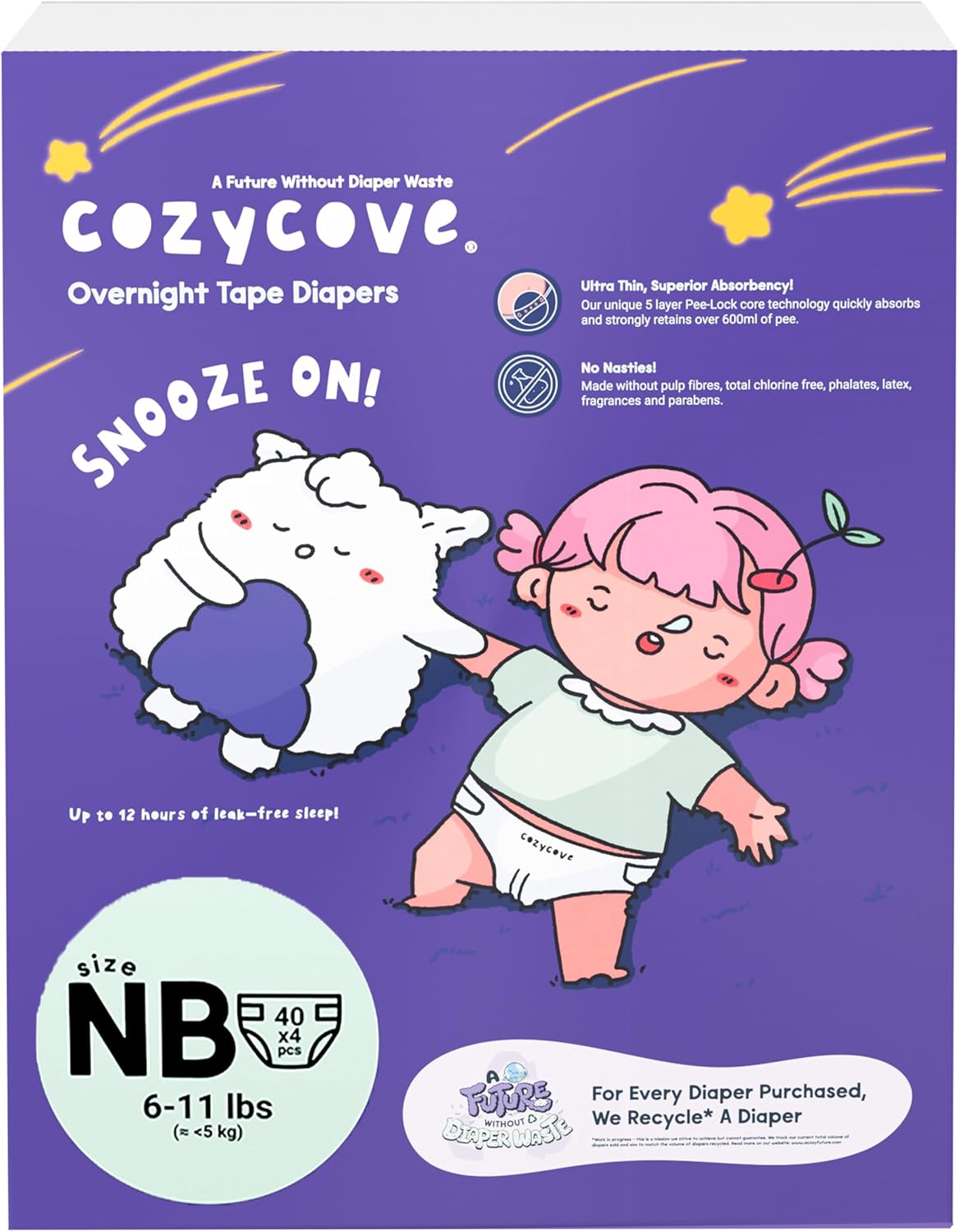 Cozycove Newborn Diapers, Snooze On Slim Overnight Tape Diapers, Size Newborn (6-11 lbs), 160 Count (4 Packs of 40)