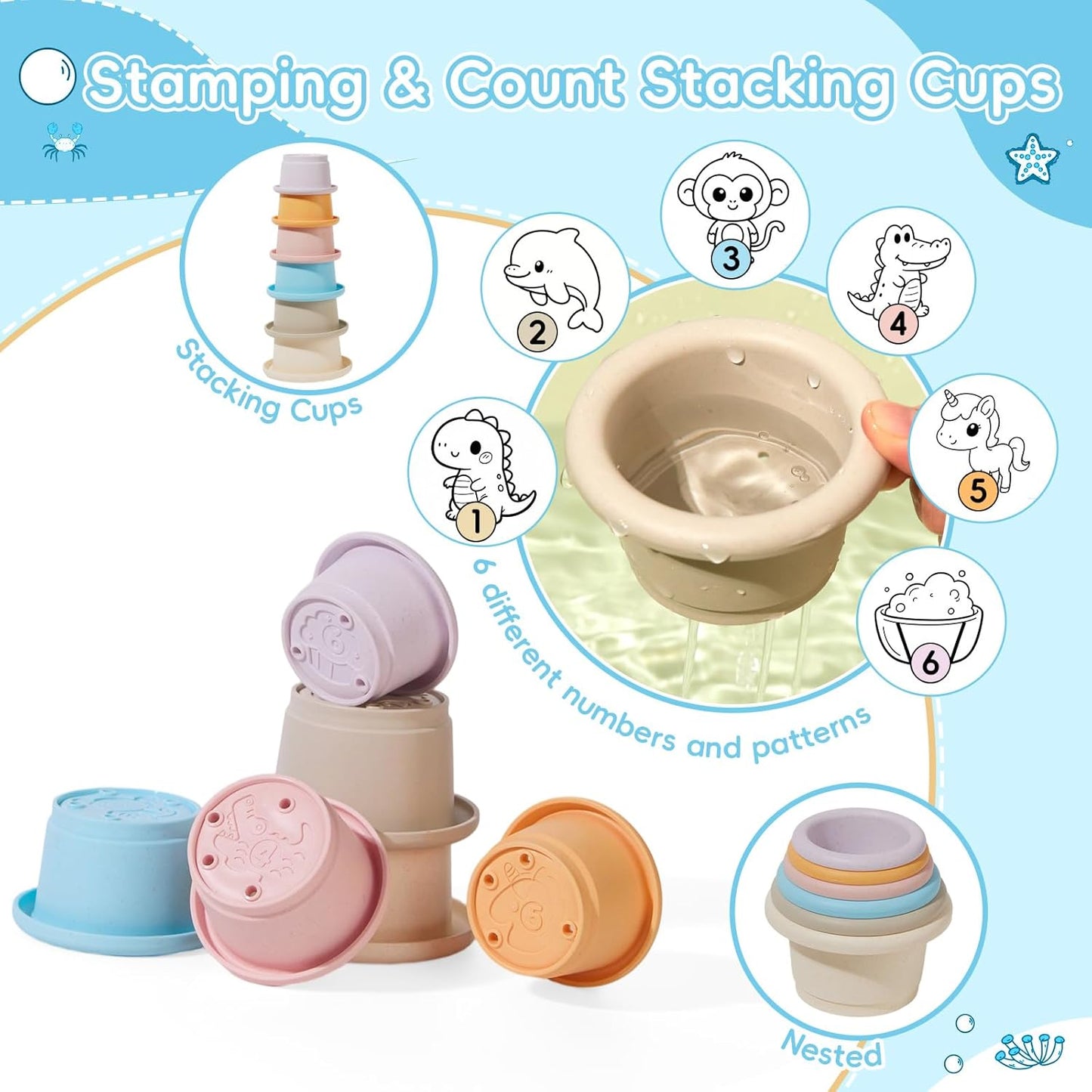 Bath Toys for Kids Ages 1-3, 16PCS | Easy-Clean & Mold Free Bath Toys for Babies with Stacking Cups | Watering Can, Bath Boats & Spoon with Storage Bag, Bathtub Water Sand Pool Toys for Toddler Gifts