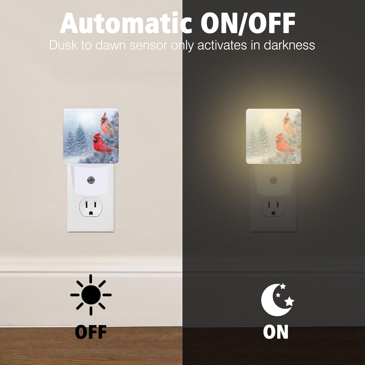 Red Birds Night Light Winter Cardinal Birds Plug in Night Lights LED Lamp with Dusk to Dawn Sensor Auto Energy Saving Square Lights for Bedroom Bathroom Hallway Home Wall Decor Nightlight