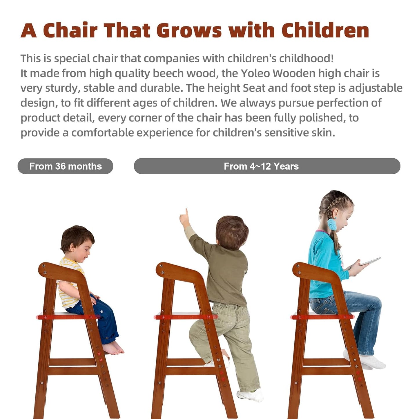 Yoleo Wooden High Chair for Toddlers to Teens, Adjustable Dining Feeding Chair with Steps Grows with Child, Max 60kg (Nut-Brown)