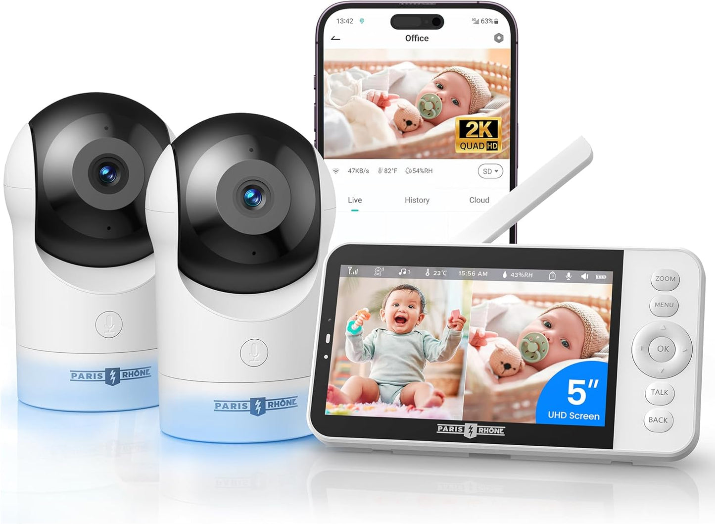 PARIS RHÔNE 2K Split-Screen Baby Monitor, 5” Smart Video Baby Monitor with 2 Cameras, Dual WiFi Cameras with App Control, Night Vision, Motion & Cry Alerts, Auto Tracking, RGB Night Light, Lullabies