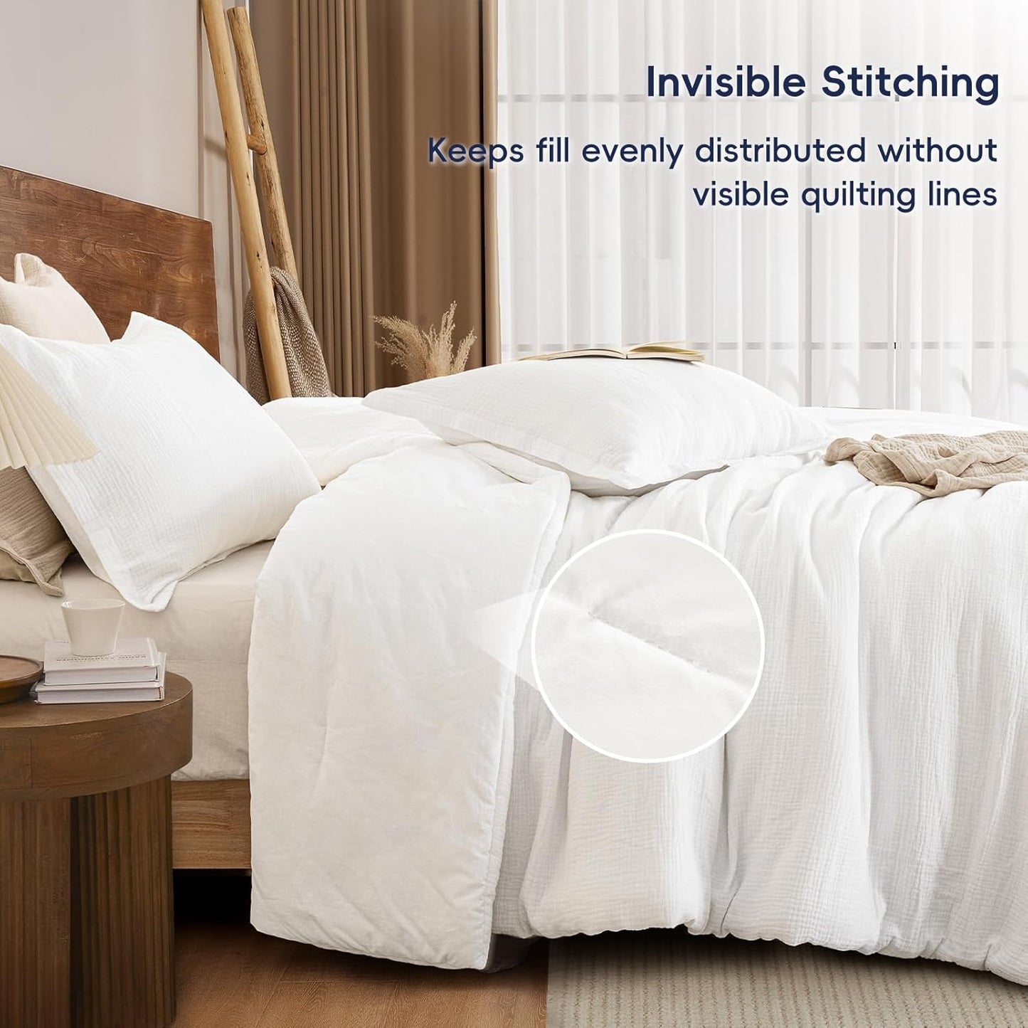 PHF Cotton Muslin Comforter Set Queen Size – Ultra Soft, Breathable & Lightweight Bedding Set for All Seasons, 3 Pieces - 1 Comfy Comforter 90"x90", 2 Pillow Shams 20"x26", White