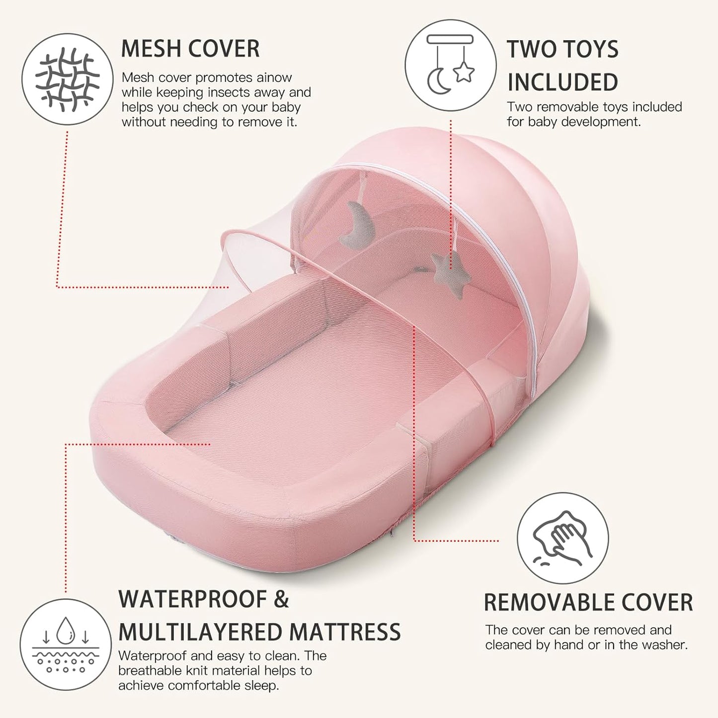 Todldler Baby Travel Bassinet Bed & Chair, Fold Out Sofa Couch Lounger with 2-1 Mosquito & Canopy, Foldable Portable Travel Cot with Foam Raised Safety Bumpers for Infant Toddlers 0-36 Months (Pink)