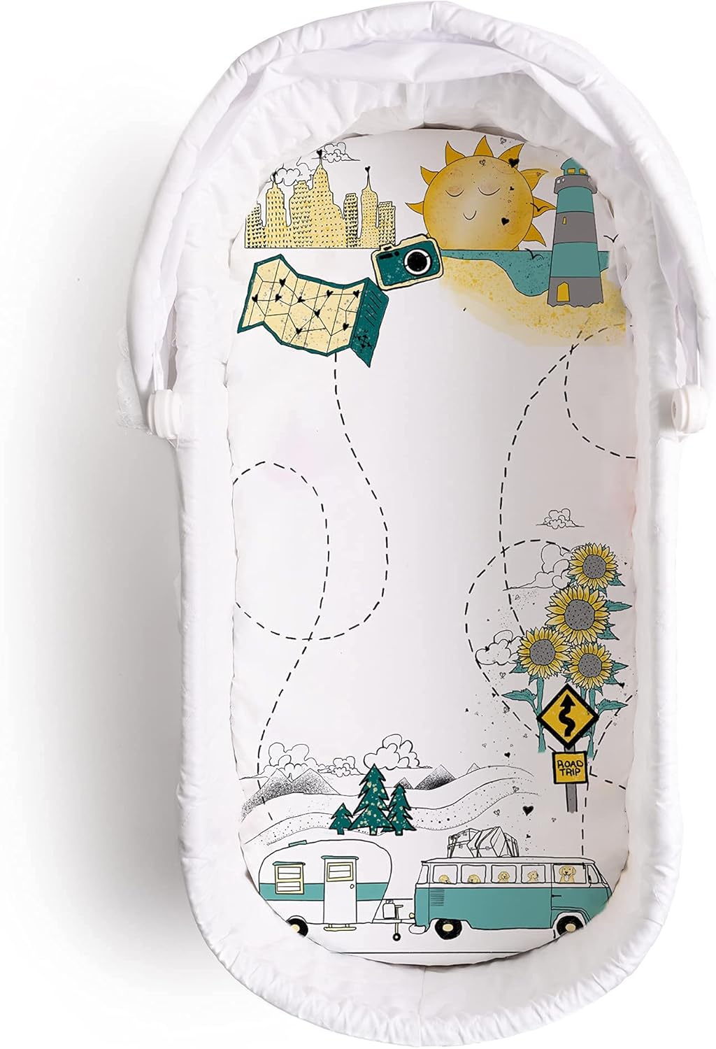 JumpOff Jo - Hypoallergenic Fitted Bassinet Sheet for Baby Boys & Girls - Rectangular, Hourglass & Oval Crib Compatible, Soft, Breathable, Machine Washable - Travel Road Trip