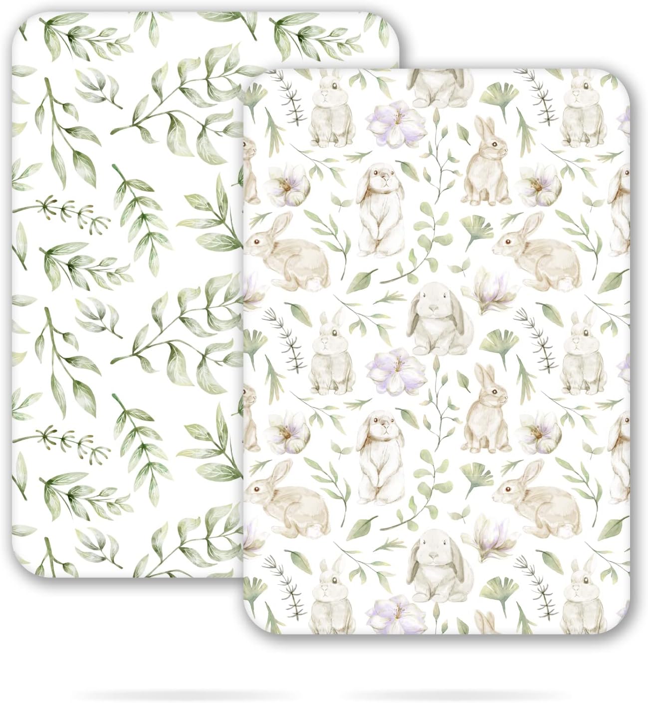 TCBunny 2 Pack Premium Fitted Baby 38X26 Mini Crib Sheets, Pack N Play Bassinet Sheets - Ultra-Soft 100% Cotton, Stylish Rabbit, and Garden Pattern, Safe and Snug for Baby
