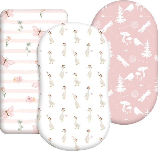 3-Pack Organic Bassinet Sheets for Girls Stretch, Soft Cozy Fitted Bassinet Mattress Sheet (32" x 16") Universal Fit for Hourglass, Oval, & Rectangle Mattresses Pink Butterfly