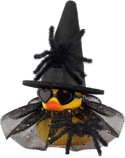 wonuu Car Dashboard Spider Witch Rubber Ducks for Halloween, Decorations Duck for Office Desk Ornament Accessories with Hat Glasses Skirt, for Halloween Party Gifts (Gold Point Skirt Black)