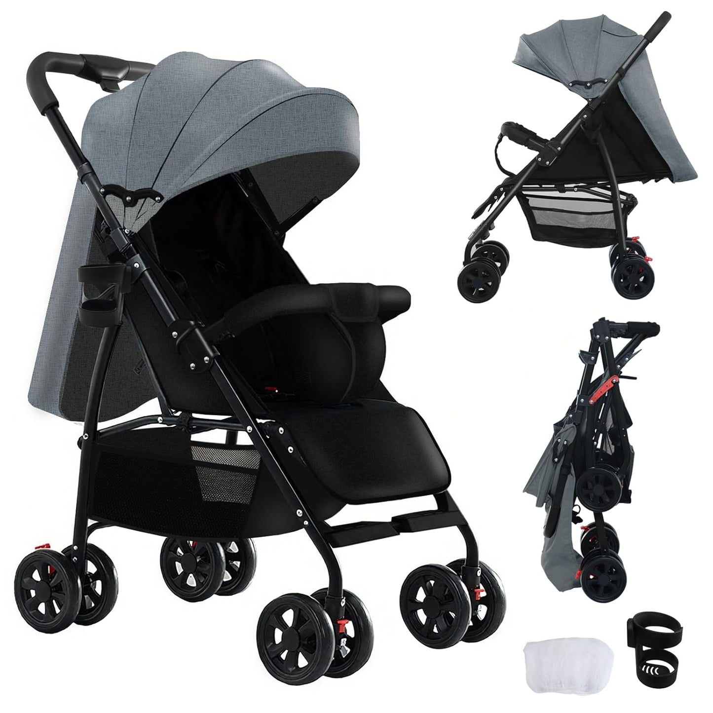 Ultra-Lightweight Stroller at Only 4.6kg, Foldable Compact Pushchair with Lie-Flat Position, Travel Pram from Birth to 40kg, Baby Buggy with Adjustable Backrest, Footrest, Canopy (A8 Grey)