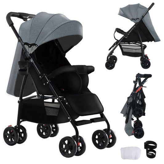 Ultra-Lightweight Stroller at Only 4.6kg, Foldable Compact Pushchair with Lie-Flat Position, Travel Pram from Birth to 40kg, Baby Buggy with Adjustable Backrest, Footrest, Canopy (A8 Grey)