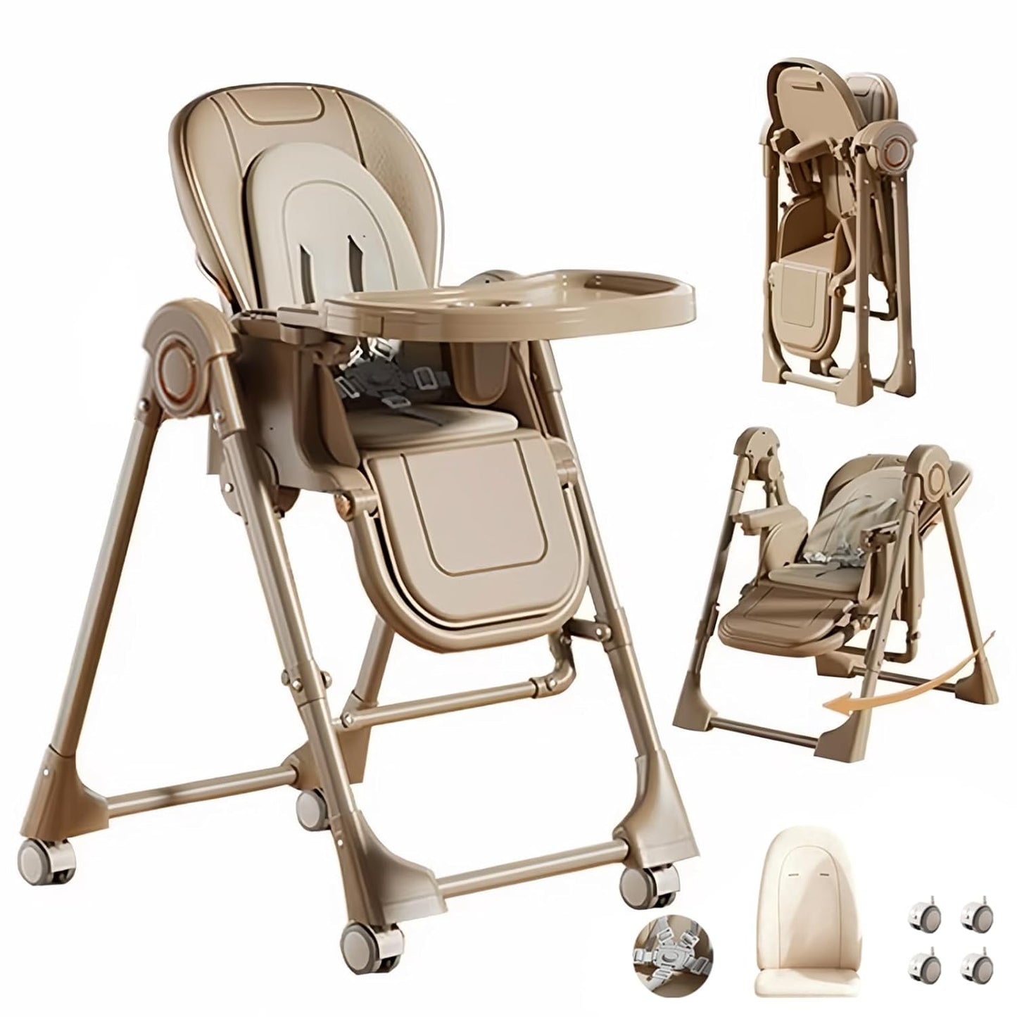 Nine point nine PU Leather Baby High Chair with Swinging Function, High Chairs for Babies and Toddlers, Removable Double Tray Baby Seat Feeding Chairs (8121 Khaki)