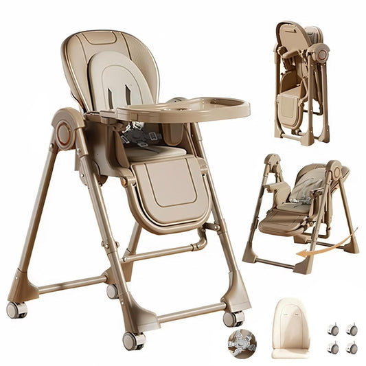 Nine point nine PU Leather Baby High Chair with Swinging Function, High Chairs for Babies and Toddlers, Removable Double Tray Baby Seat Feeding Chairs (8121 Khaki)