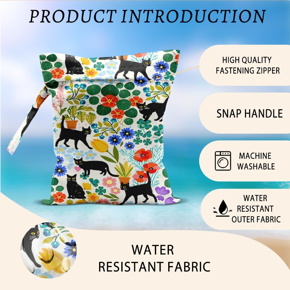 Cat Wet Bags 12x10 Inch, Colorful Floral Waterproof Wet Dry Bags, Flowers Washable Travel Laundry Bag for Swimsuit Pool Beach Diapers Dirty Yoga Gym Clothes, Cat Gifts for Women Friend Travelers