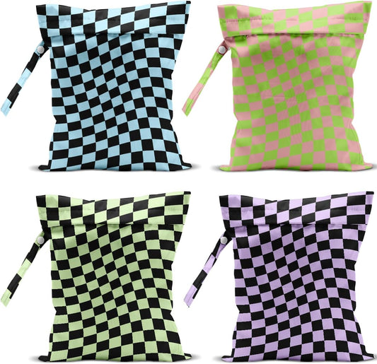 4 Pack Multicolor Checkered Wet Bag Waterproof Washable Reusable Wet Dry Bag for Swimsuit Clothes Cloth Diaper Travel Beach Pool Yoga Gym Toiletries Gift for Women Bestie Friend Birthday Christmas