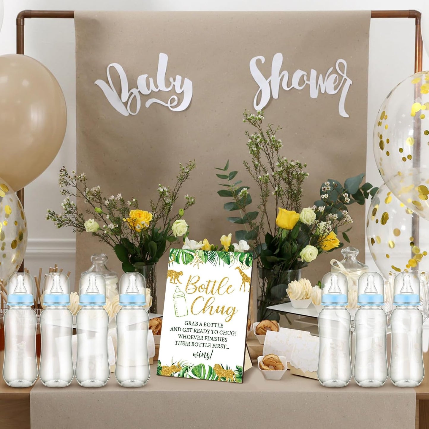 TrelaCo Safari Cool Baby Shower Games Bottle Chug Sign Wooden Jungle Animals Theme Gift Sets Gender Reveal Party Favors and 12 Pcs Baby Bottle Shower Favor for Games Gender Reveal