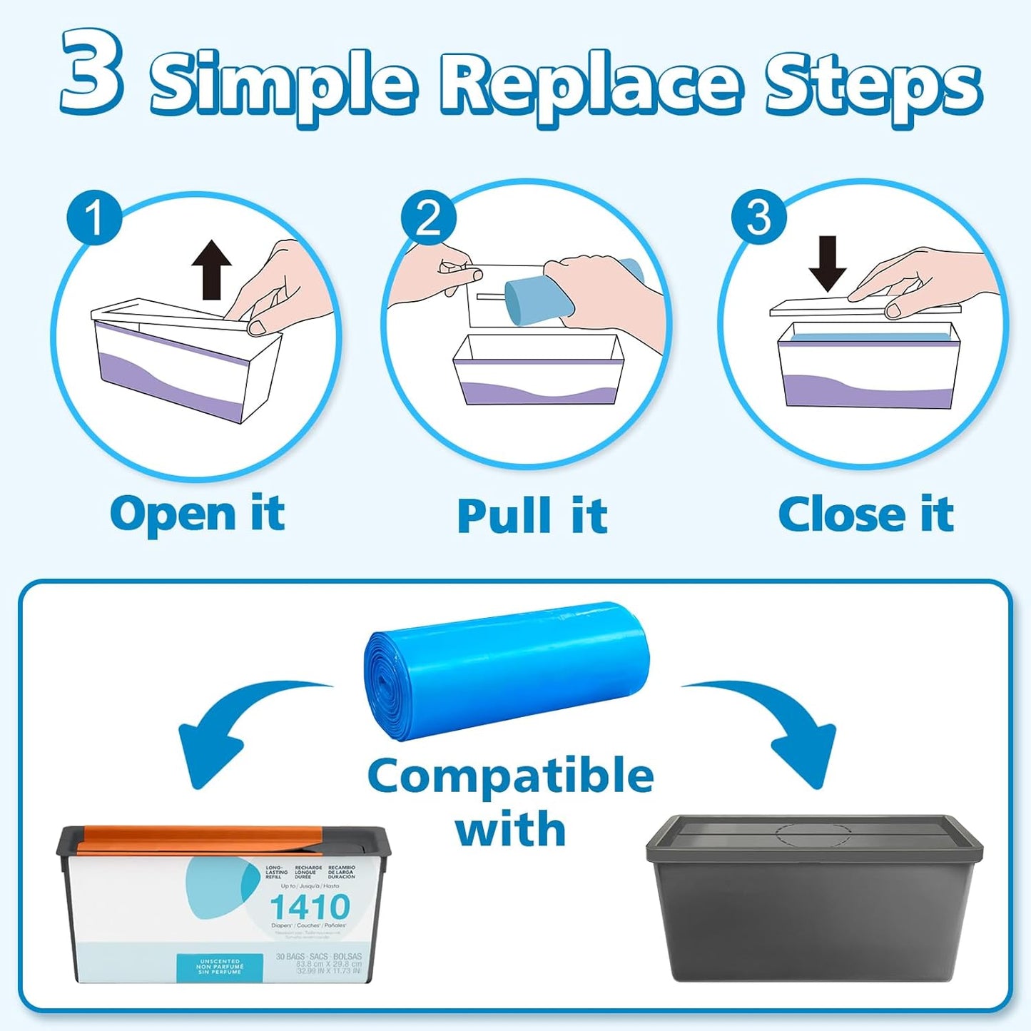 Refill Bags Compatible with Genie Easy Roll Signature Diaper Pail and Platinum Diaper Pail, Scented 60 Bags Hold up to 2800 Newborn Diapers, Upgraded Extra Thickness Powerful Odor Control