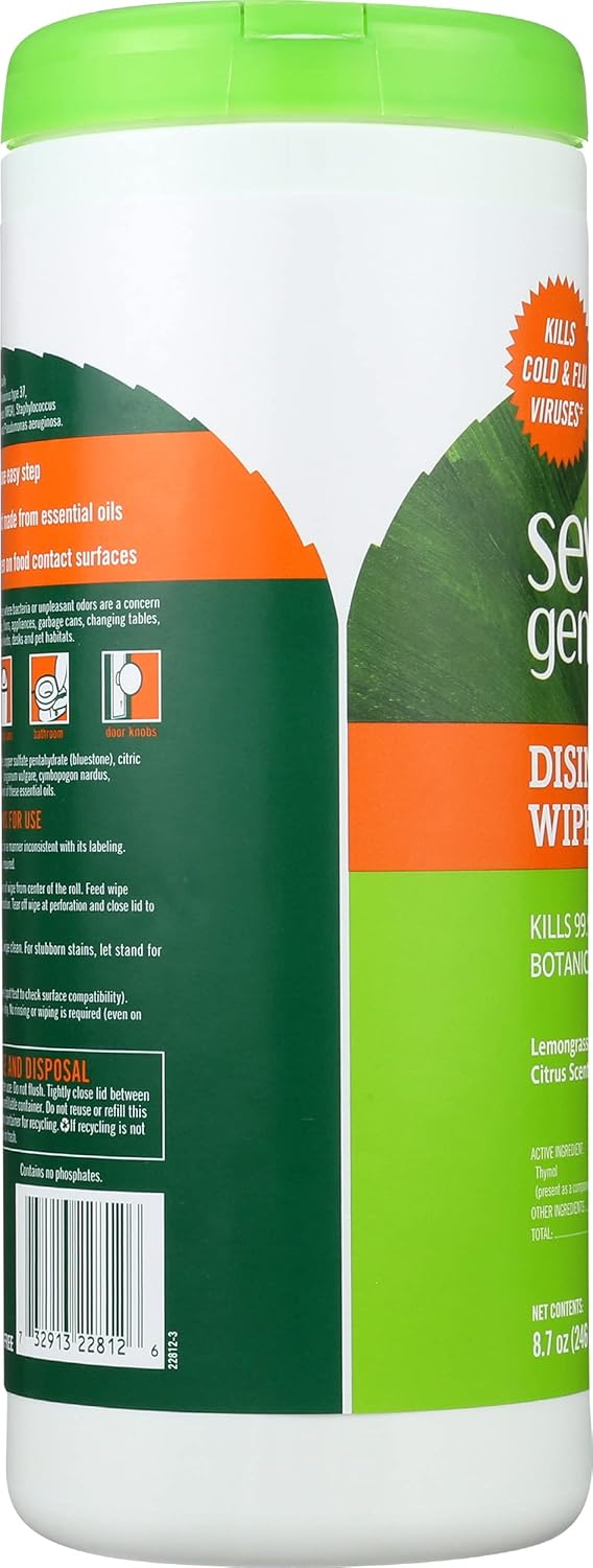 Seventh Generation Disinfecting Multi-Surface Wipes, Lemongrass Citrus Scent, 35 Wipes