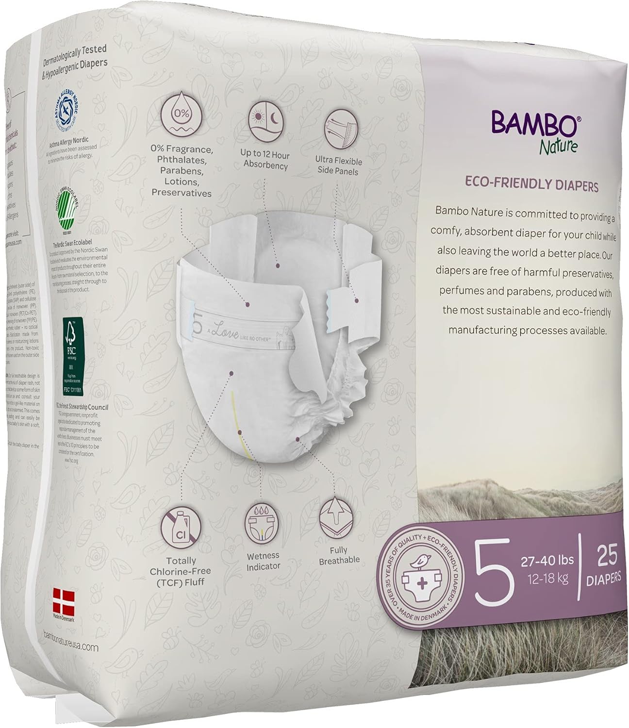 Bambo Nature Hypoallergenic Dream Baby Diapers, Premium Eco-Labeled Sustainable Diapers, Enhanced Leakage Protection, Totally Chlorine-free, Skin Friendly, and Super Absorbent - Size 5 (75 Count)
