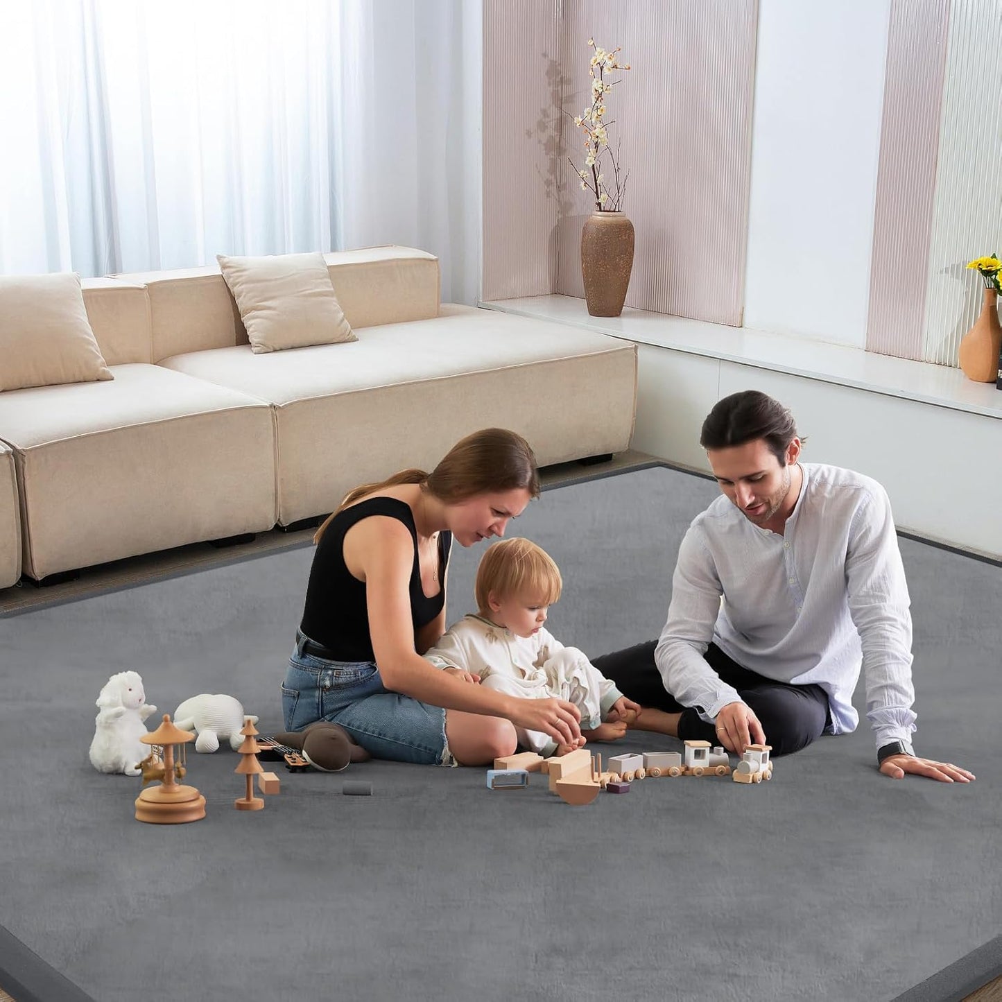 Baby Play Mat for Floor Tummy Time Mat Nursery Muscle Area Rug Playroom Rug Tatami 59"*59" Memory Foam 1.3" Thick Crawling For Babies,Toddlers, Infants, Kids,Floor(Grey)