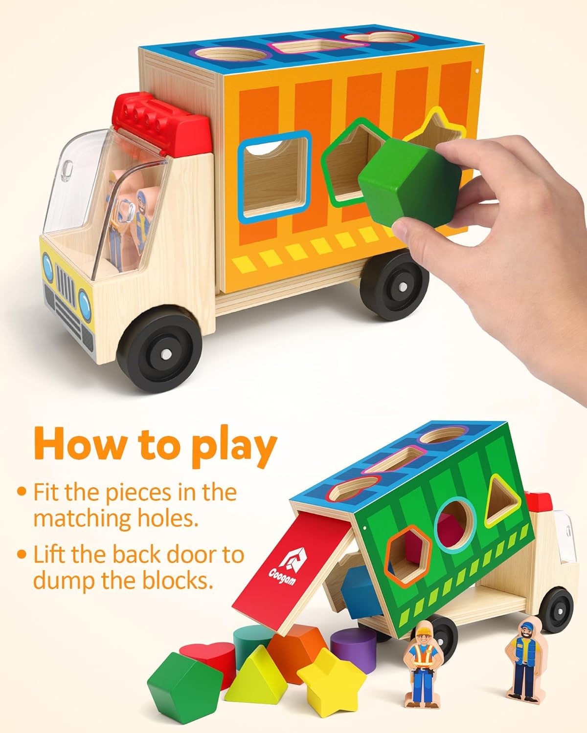 Coogam Shape Sorting Montessori Toys for Toddles, Wooden Color Shape Sorter Truck Toy with 2 Play Figures - Fine Motor Educational Learning Gift Toy for Kids 2 3 4 Year Old