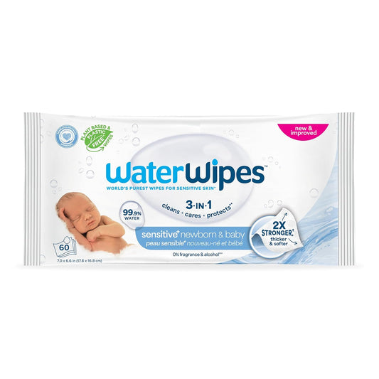 WaterWipes Sensitive+ Newborn & Baby Wipes, 3-In-1 Cleans, Cares, Protects, 99.9% Water, Unscented & Hypoallergenic, 60 Count