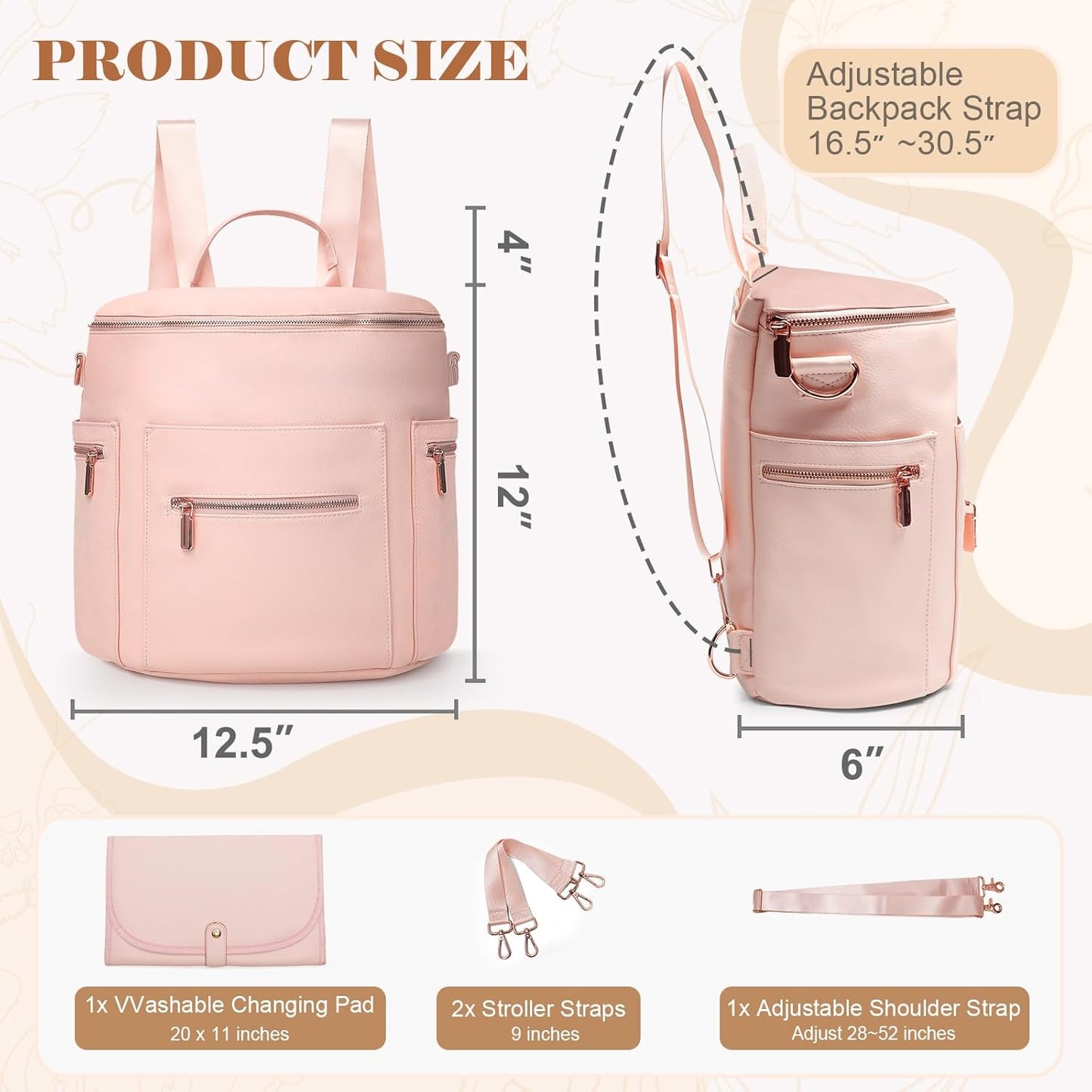 miss fong Pink Diaper Bag Backpack Baby Diaper Bag, Large Leather Diaper Backpack with 16 Pockets Travel Diaper Bag with Diaper Changing Pad,Pink Baby Backpack Stroller Straps & 2 Insulated Pockets