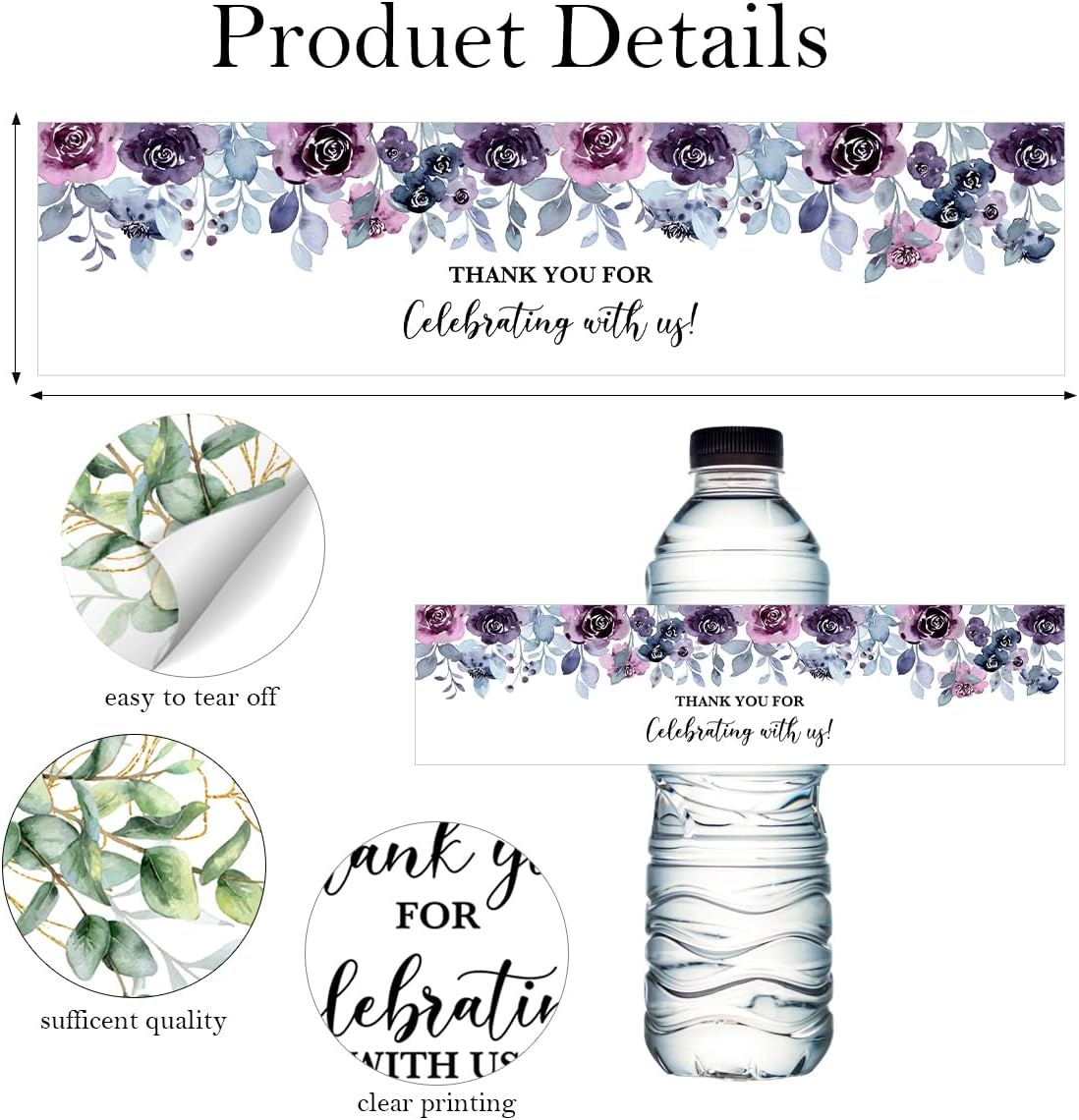100PCS Wedding Water Bottle Labels Waterproof Greenery Floral Wraps Sticker for Water Bottle Baby Shower Bottle Label for Bridal Shower Party Thanks A12