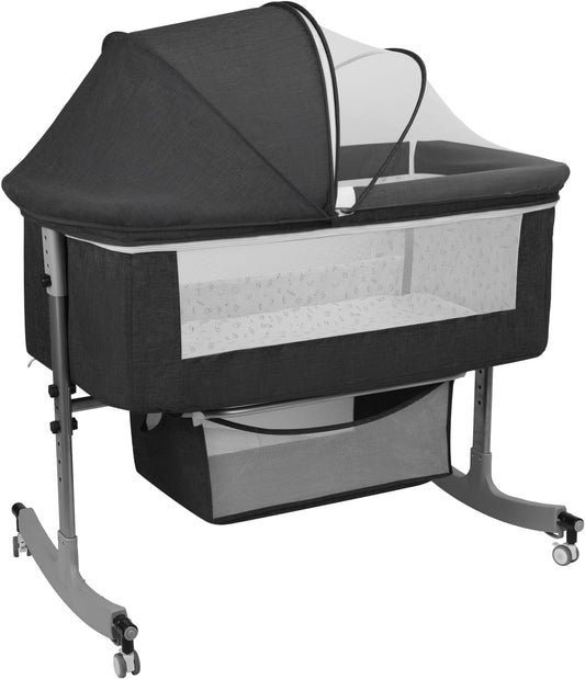 3-in-1 Baby Bassinet Bedside with Storage Basket, Portable Baby Cradle Bassinet with Wheels, Mosquito Net, 6 Levels Height Adjustable (Black)