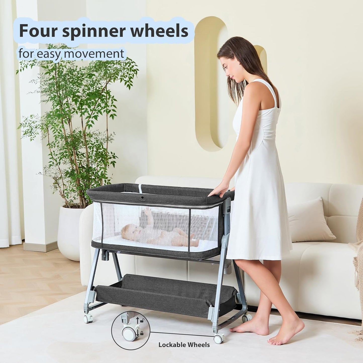 3-in-1 Baby Bassinet Bedside Sleeper with Wheels Bedside Bassinet for Newborn and Infant with Mattress and Storage Basket | Adjustable Height & Angle (13.5-18") | ASTM/CPSIA Certified (Black)