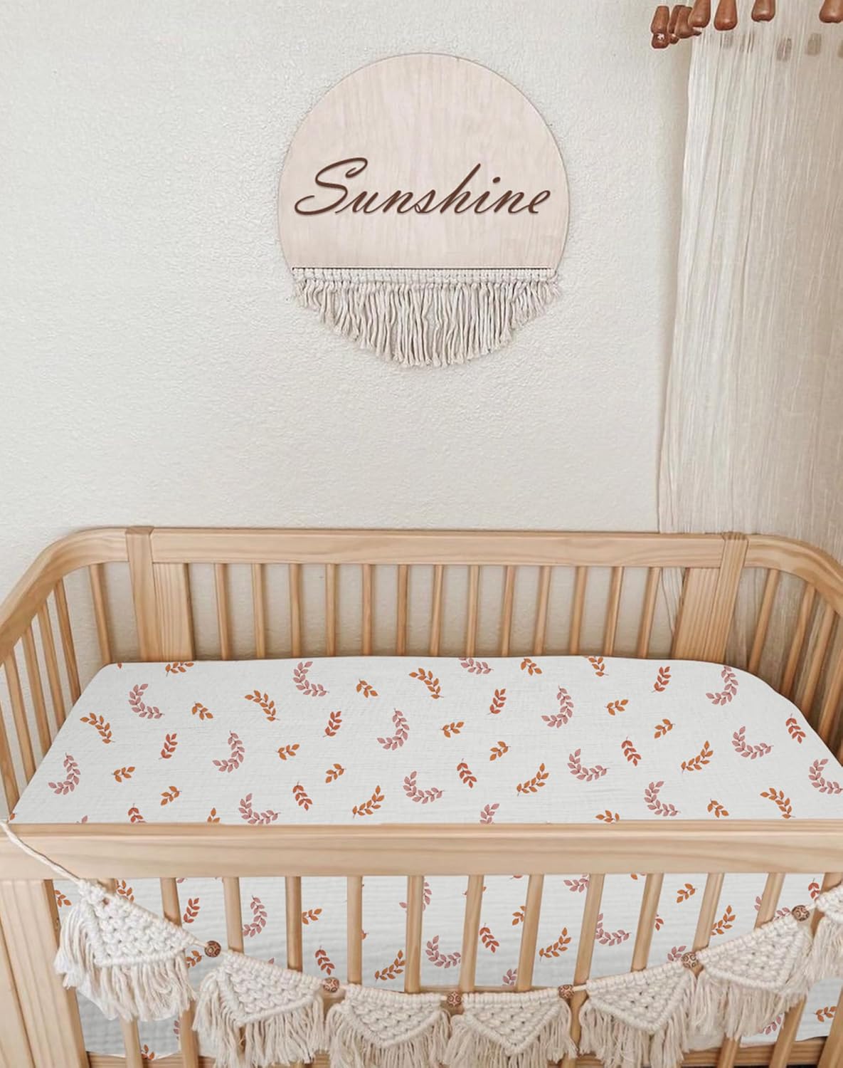 Mini Crib Sheets for Baby, Fitted Pack N Play Mattress and Mini Cribs 24" x 38", Neutral Muslin Cotton Mini Crib Mattress Sheet with Boho Style, Soft and Breathable Comfort (Leaf)