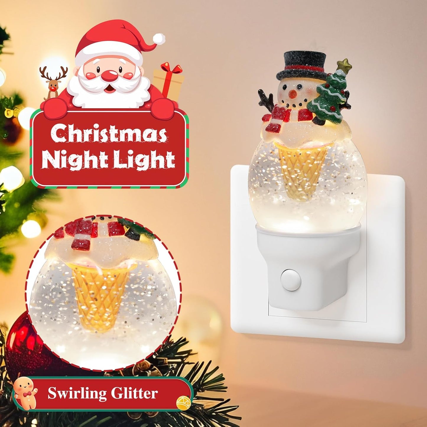 2 Pack Christmas Night Light Plug into Wall Glitter Water Nightlight with USB/Outlet Options, Christmas Snowman Ice Cream Decorative Nightlight for Holiday Decorations Gifts (Snowman Ice Cream)