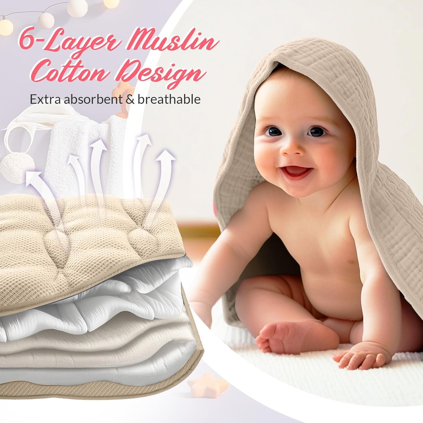 6 Pcs Muslin Hooded Bath Towels Washcloths and Bibs Set, Muslin Cotton Baby Towels Absorbent Hooded Blanket Towel Infant Bibs for Boys Girls Newborn Infant Essentials(Pink, Brown)