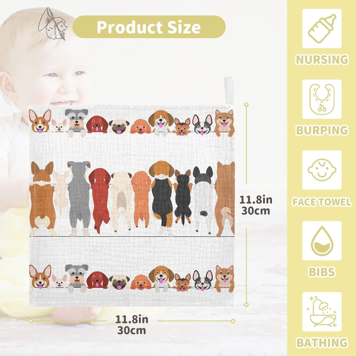 Dog Faces Baby Muslin Washcloths 5 Pack Dog Back Burp Cloth Christmas Shower Gift Soft Absorbent Infant Wipes Fingertip Face Towels for Newborn Boys Girls Kids, 12 x 12 in