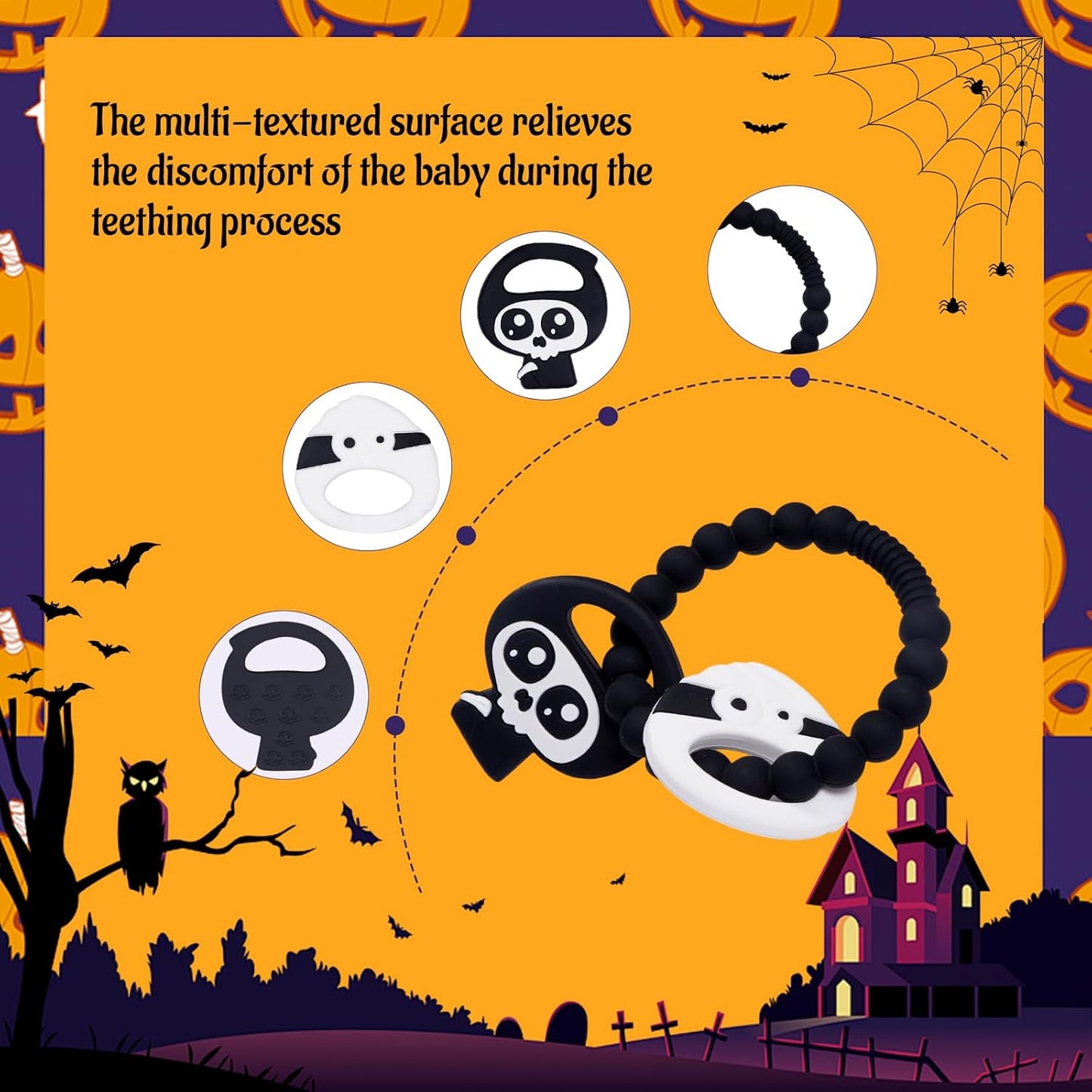 Baby Silicone Teether Ring Toy,Food Grade Silicone Chew Toys for 0-6,6-12,12-18 Months Newborns,Infants,Toddlers Teething Relief,Safe and Soft,BPA Free,Baby Essentials. (Halloween Skull)