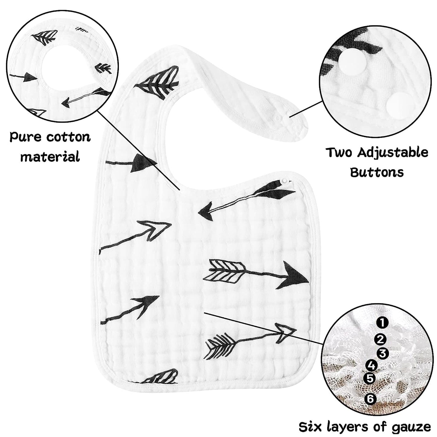 Zainpe 6Pcs Snap Muslin Bibs for Baby Machine Washable Adjustable Unisex Burp Cloths with 6 Absorbent Soft Layers, Animal Pattern Bib for Newborns Toddlers Infants 3 to 36 Months Drooling Teething