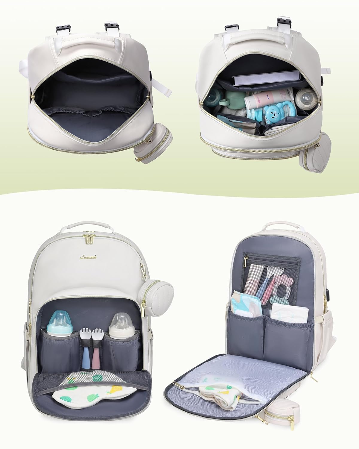 LOVEVOOK Leather Diaper Bag Backpack, Quilted Baby Bag with Changing Pad & Pacifier Holder, Waterproof Travel Diaper Bags for Baby Boys Girls, Stylish and Large Capacity, Beige