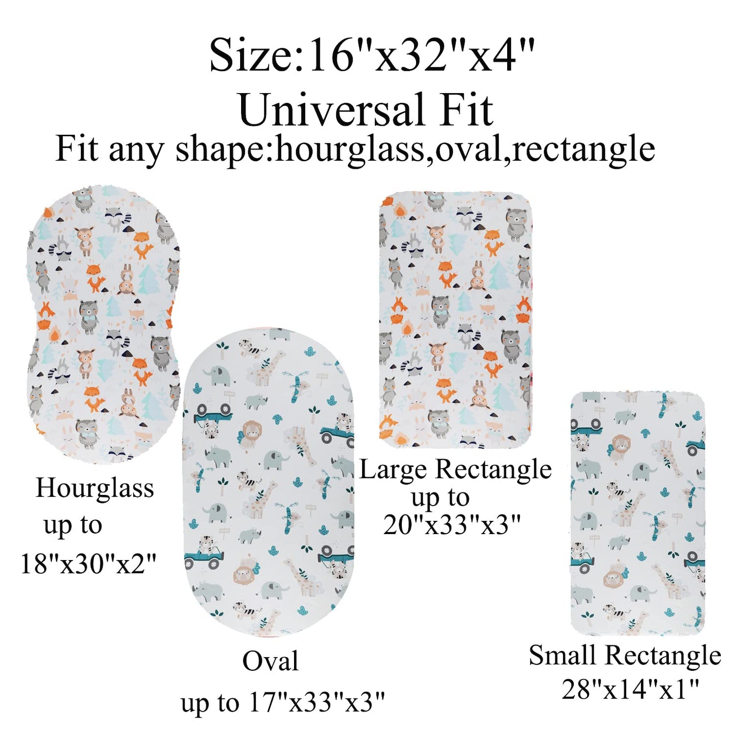 Bassinet Sheet Set 2 Pack Snug Fitted Cradle Fitted Sheets, Stretchy Ultra Soft, for Oval Rectangle Hourglass Bassinet Mattress, Unisex Boy Girl, Tiger Elephant & Fox