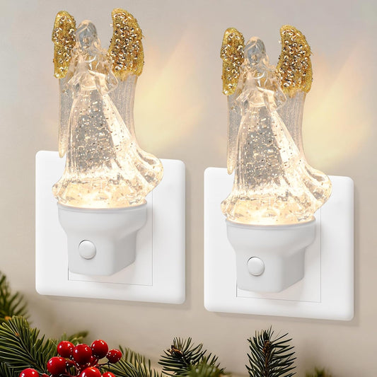 2 Pack Christmas Angel Night Light Plug into Wall Glitter Water Nightlight with USB/Outlet Options, Christmas Decorative Nightlight for Bedroom Kitchen Nursery Holiday Decorations Gifts (Angel)