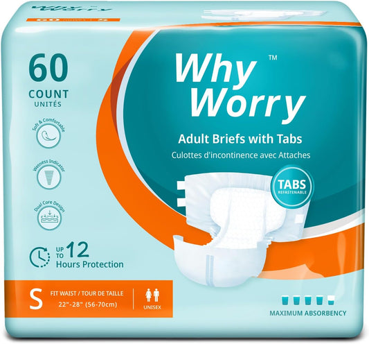 WhyWorry Adult Diapers with Tabs, Disposable Incontinence Briefs for Women & Men with Maximum Absorbency, Adult Briefs for Incontinence Overnight, Odor Control, Unisex, Small, 60 Count (4 Packs of 15)