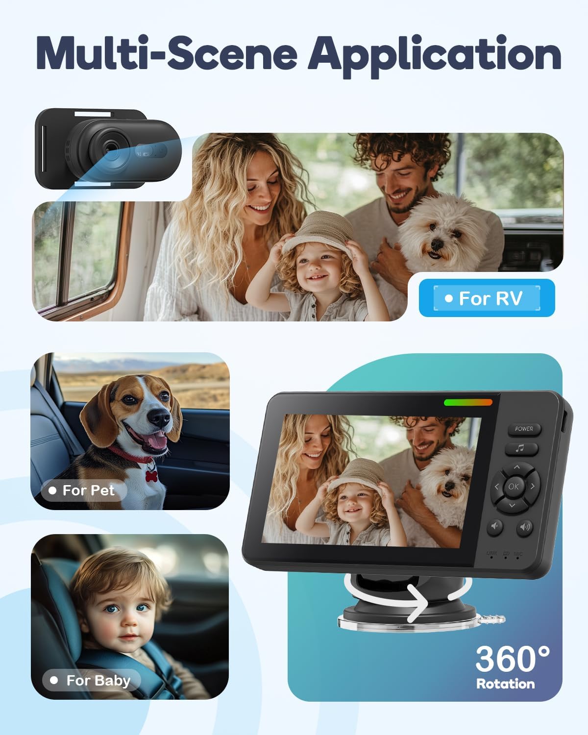 Wireless Baby Car Camera, HD 1080P Car Baby Monitor with Night Vision, Easy Install Backseat Camera for Kids, 360 Degree Rotatable Rear Facing Car Seat Mirror for Home, Baby, Pet