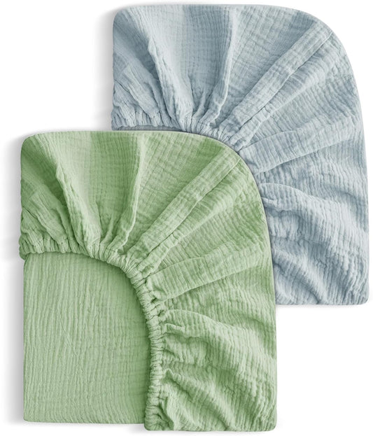 2 Pack Soft Muslin Baby Mini Crib Sheets, 100% Cotton Breathable Double Layer Fitted Sheets for Mini Crib and Pack N Play Mattresses 24x38 Inches, for Baby Girls and Boys (Sage & Fog