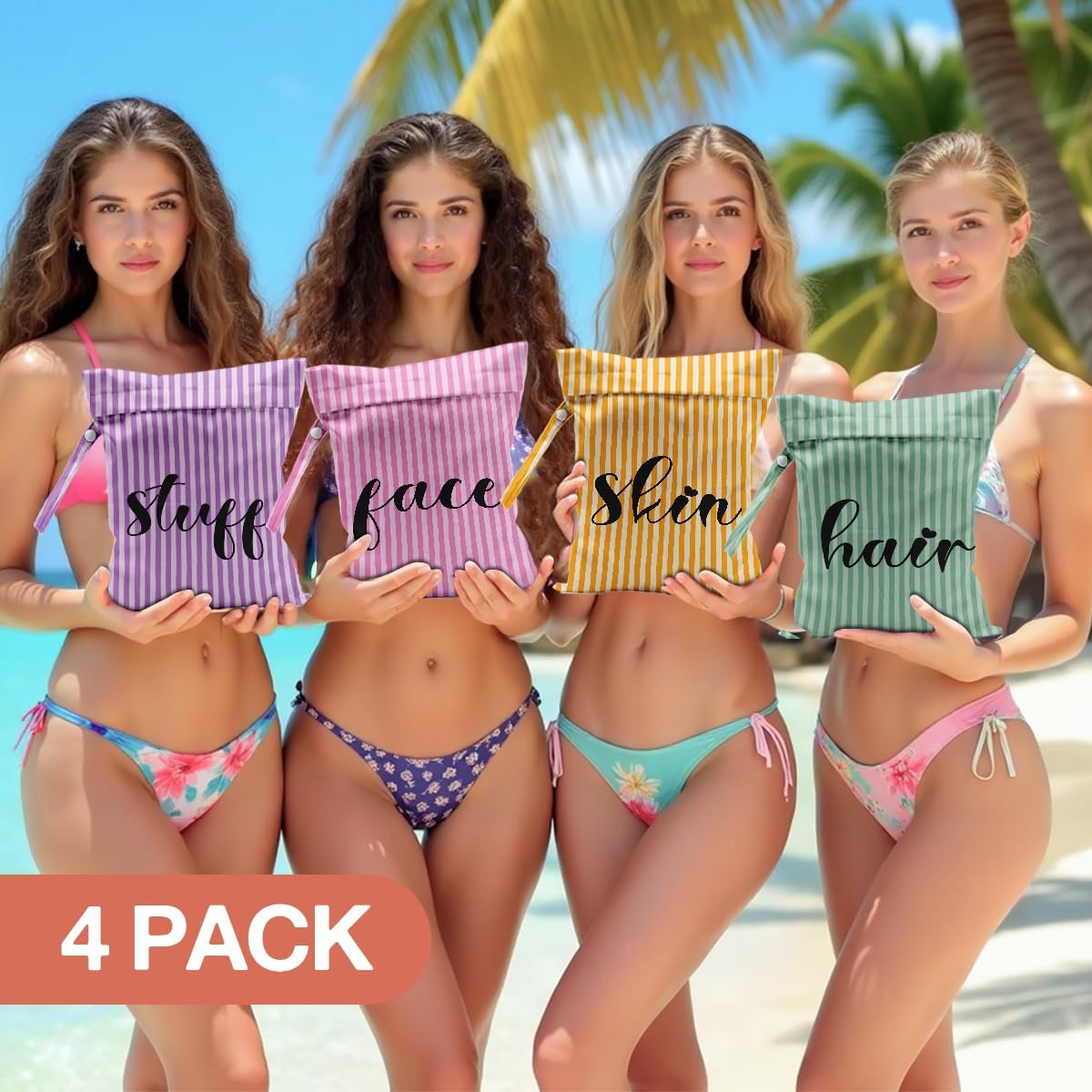 4 Pack Cute Wet Bag Waterproof Reusable Wet Dry Bag for Swimsuit Clothes Diaper Travel Pool Toiletries for Women Birthday Christmas (Stripes Purple Pink Green Yellow Face Stuff Skin Hair Organizer)